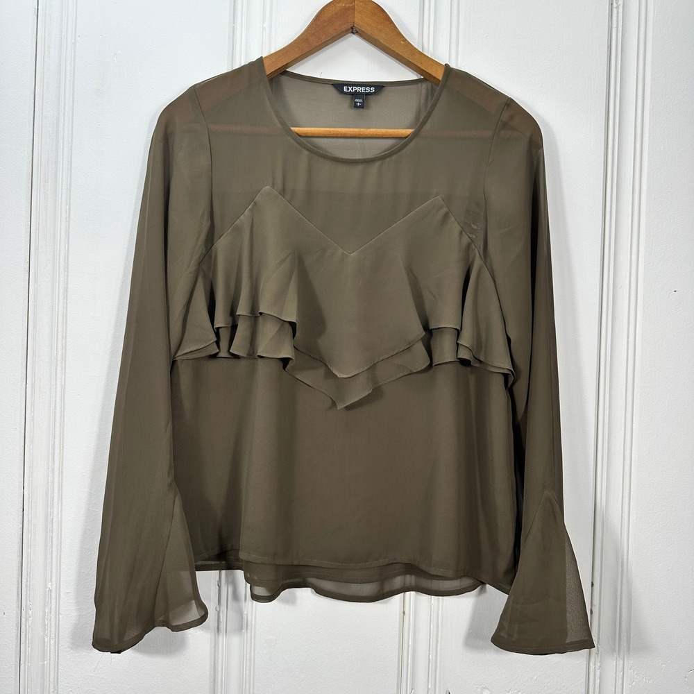 Express Ruffle Blouse Womens Small Olive Green Excellent Sheer Bell Sleeve Top